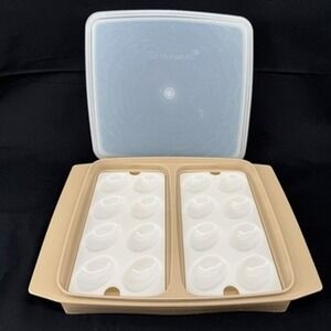 Vintage Tupperware Deviled Egg Keeper 723 Almond Beige 16 Slot Carrier with Lid